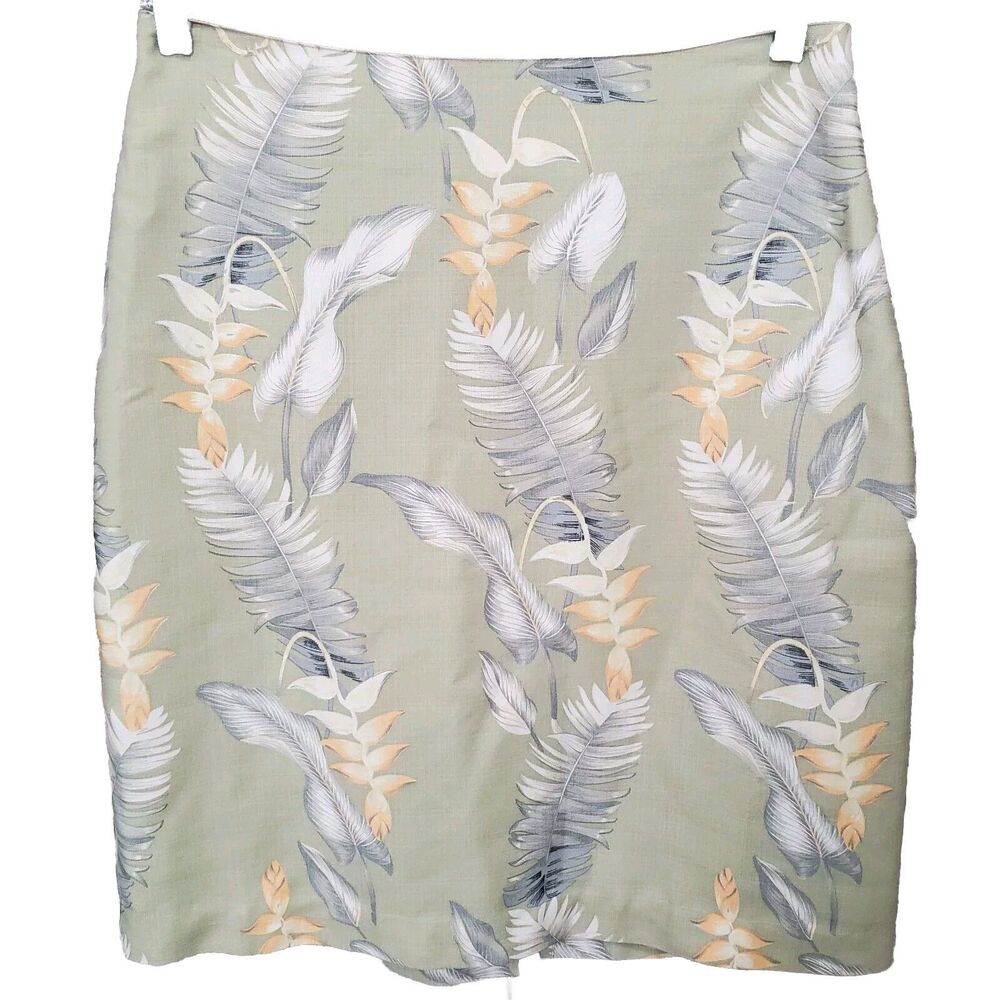 Tommy Bahama Green Tropical Leaf/Feather Print Silk Straight Skirt Size 8
